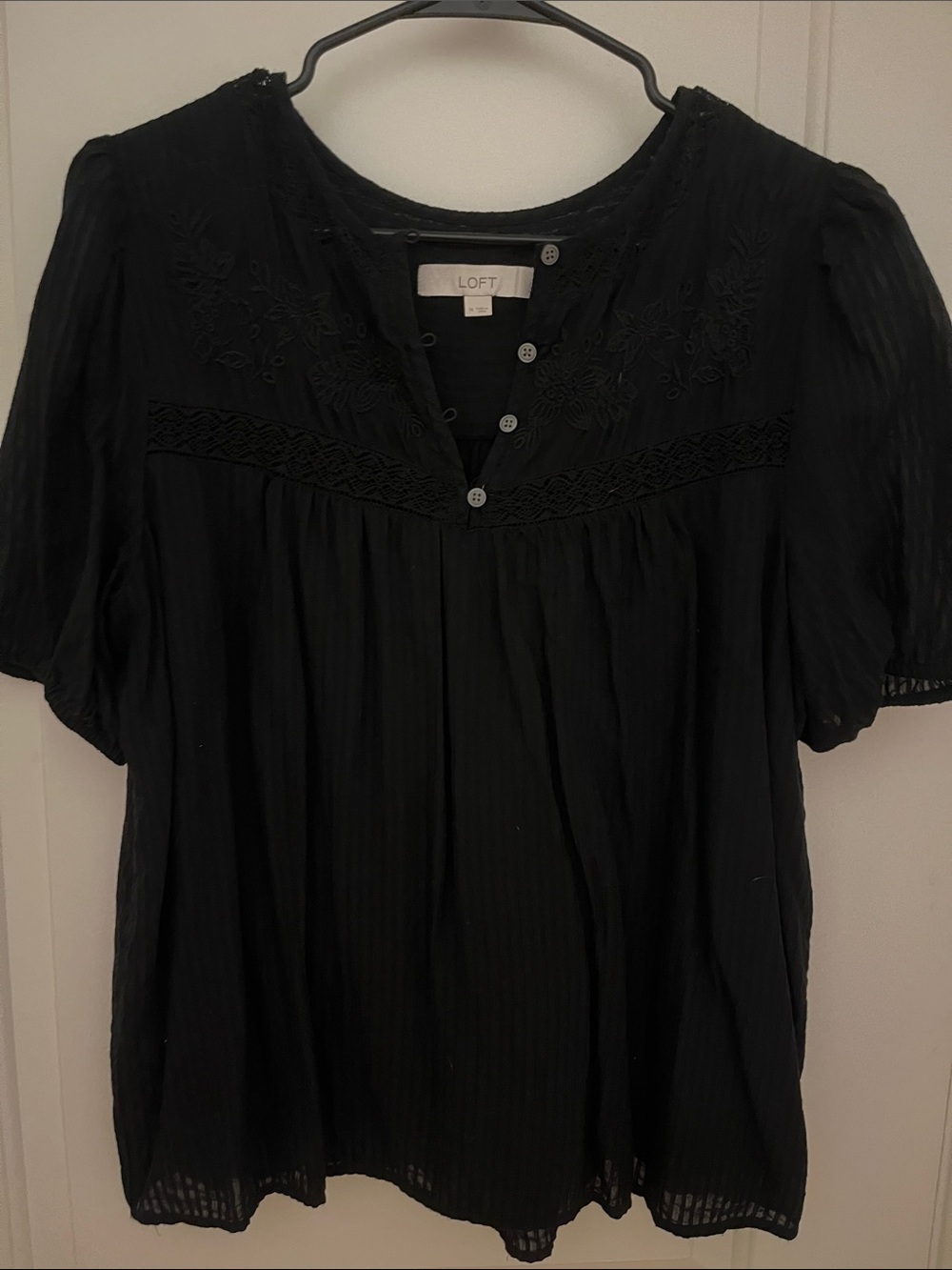 LOFT Black Short-Sleeve Embroidered Peasant Blouse